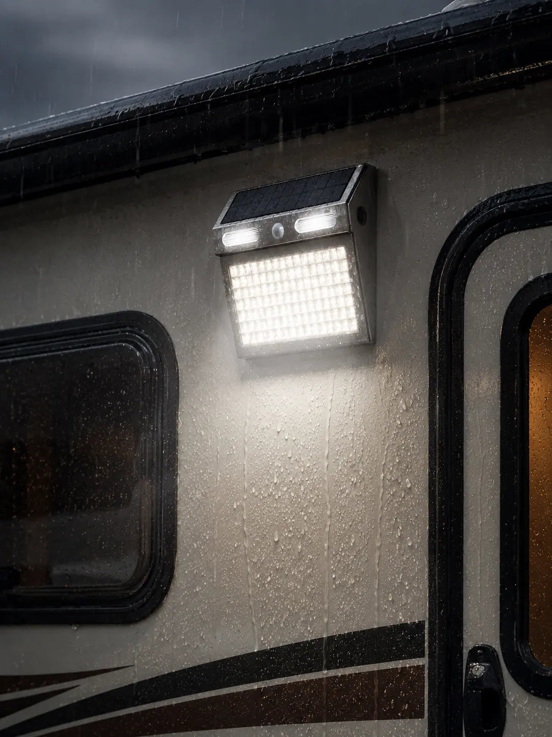 The stainless-steel light shining on an RV wall in heavy rain
