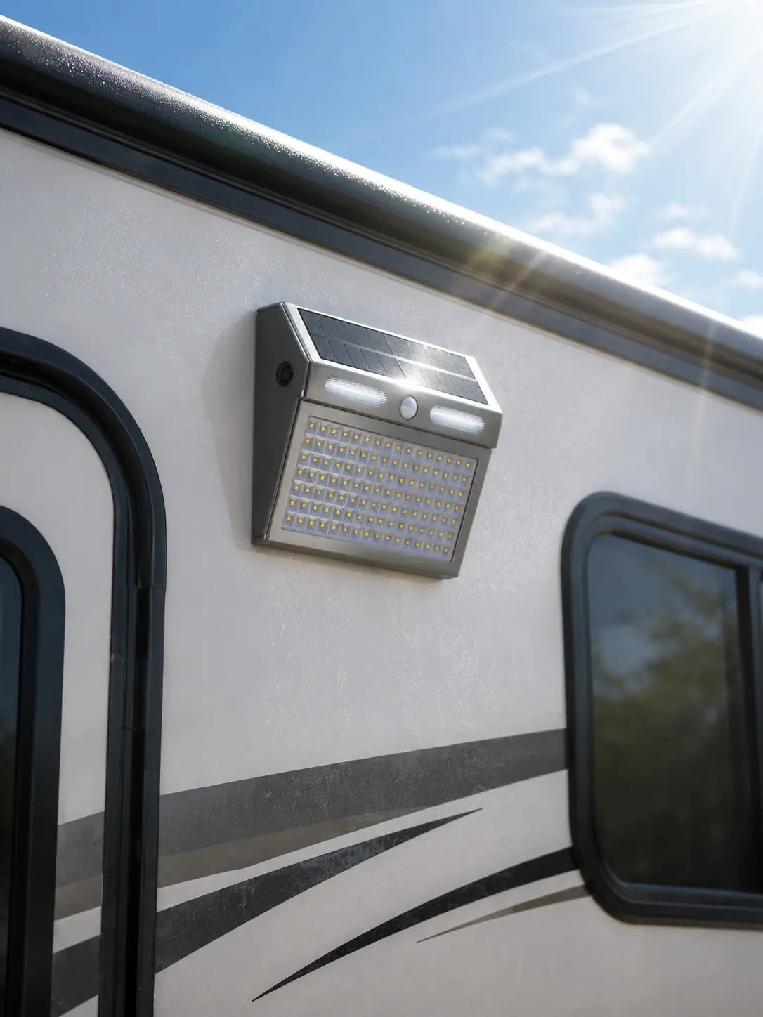 The solar panel of the mounted light catching direct sunlight on the RV wall