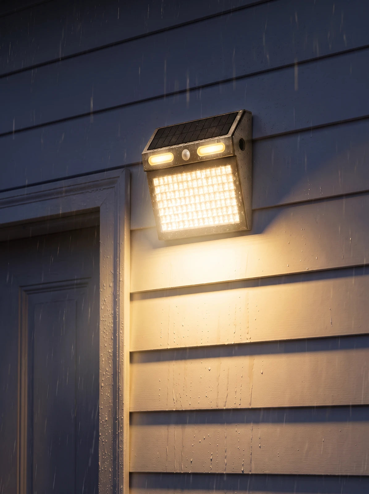 The stainless-steel light shining on a wall in heavy rain