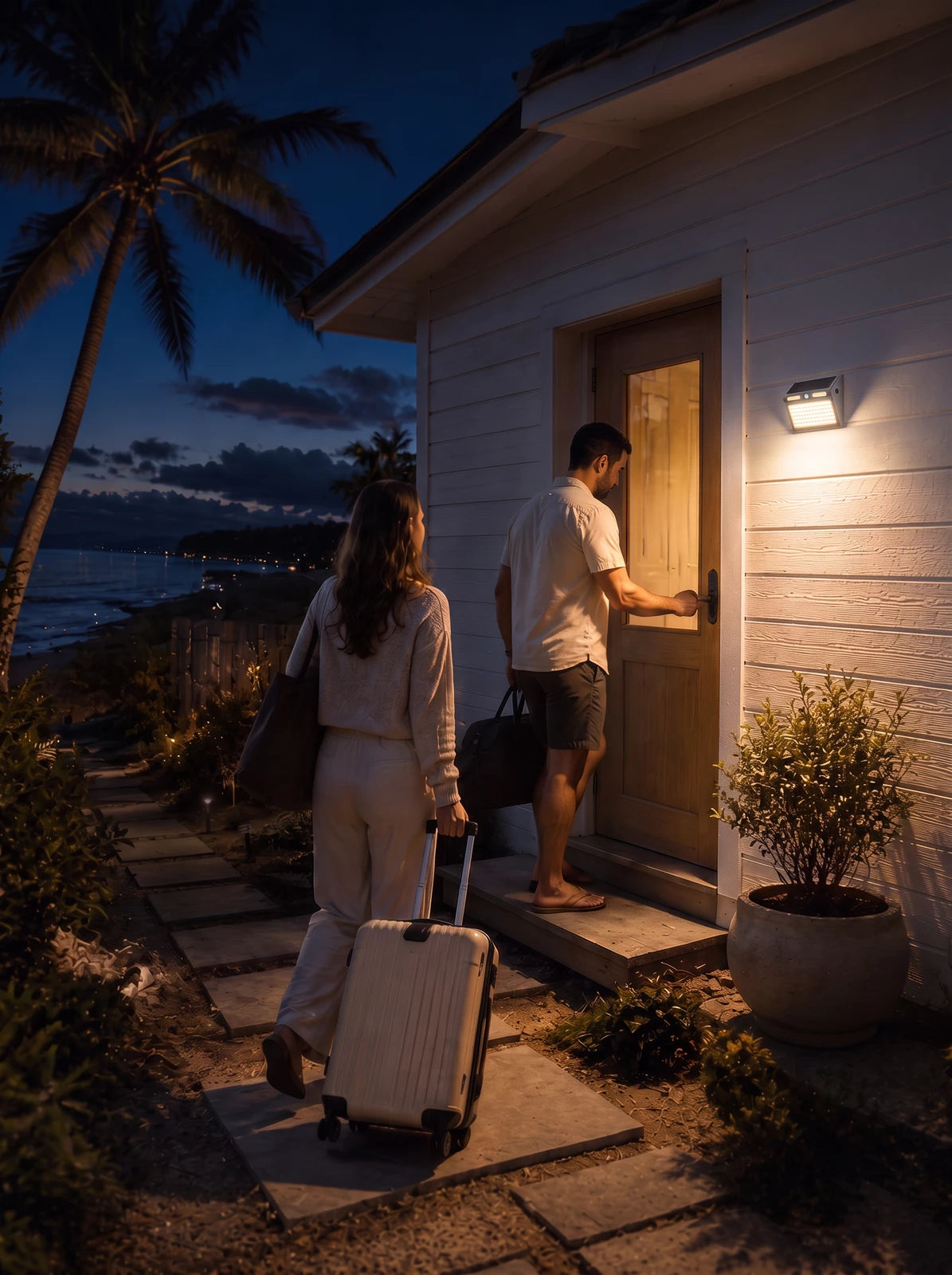 The light switching on as a woman steps up to the door at night
