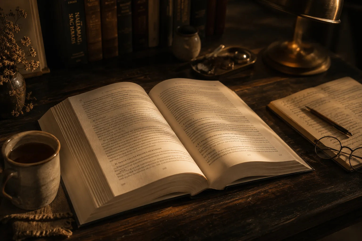 The open book on a desk at night, lit by a single warm lamp