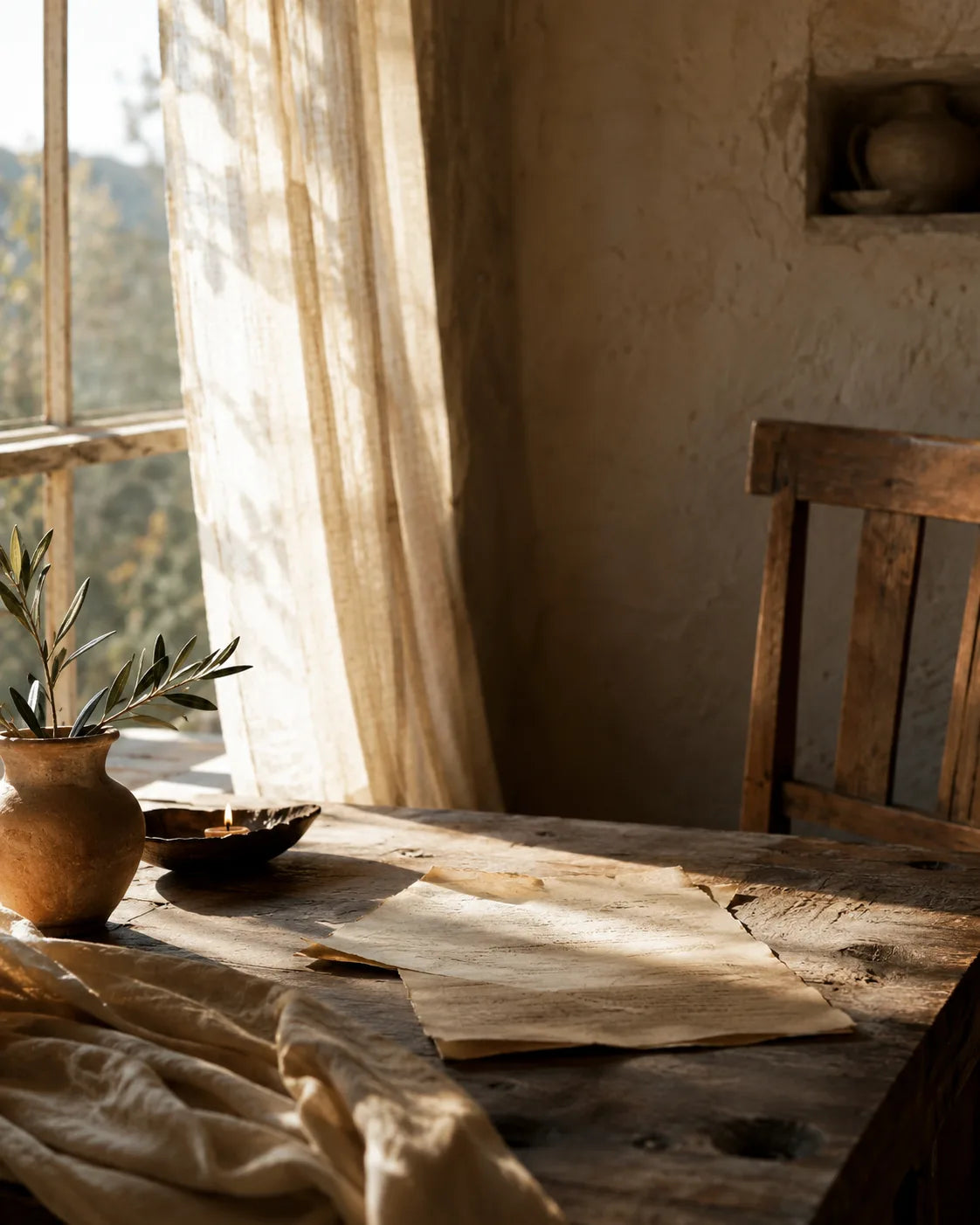 A quiet sunlit reading desk with linen, loose pages, and an olive branch