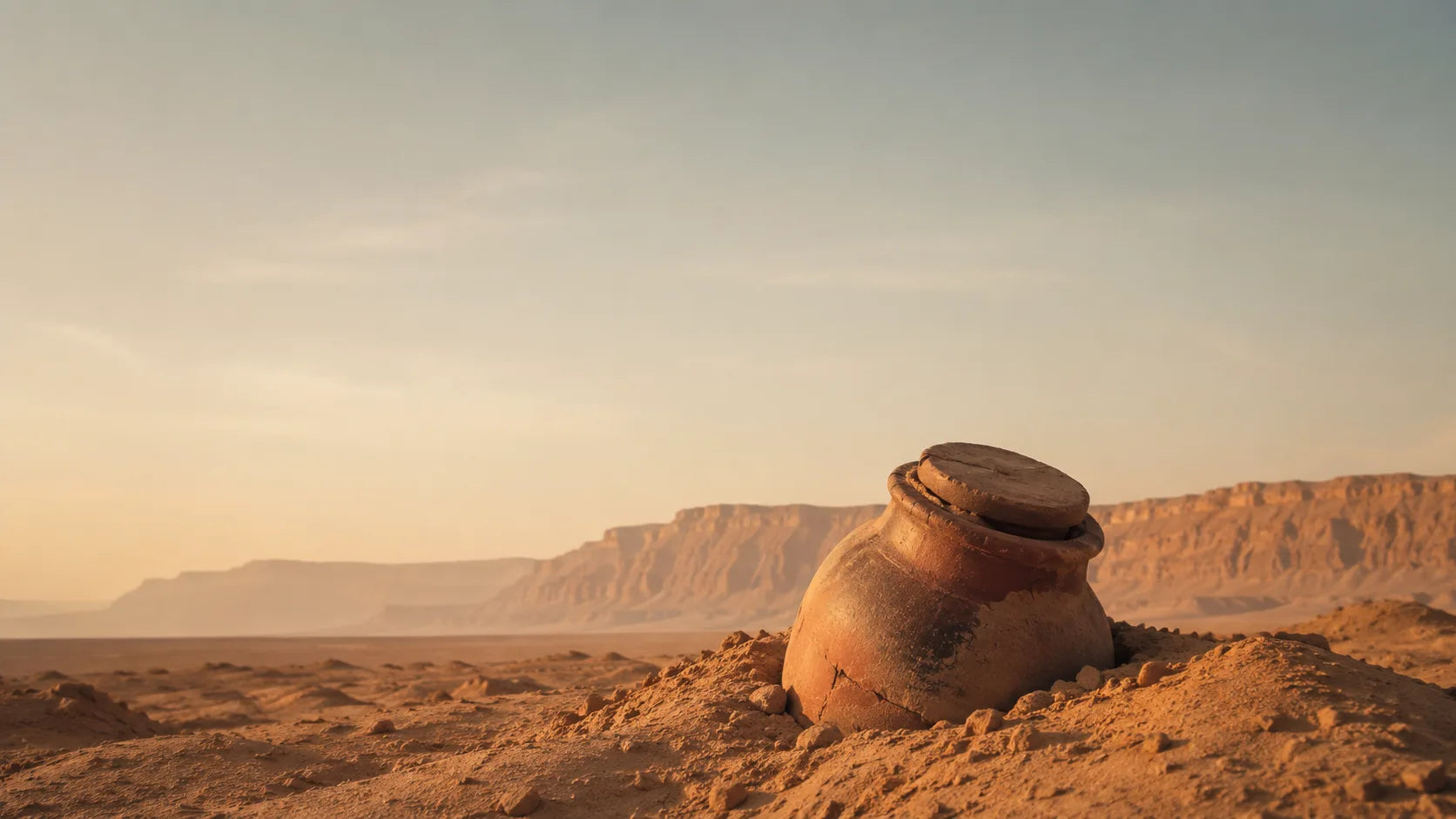A sealed earthenware jar half-buried in the desert of Upper Egypt at dusk