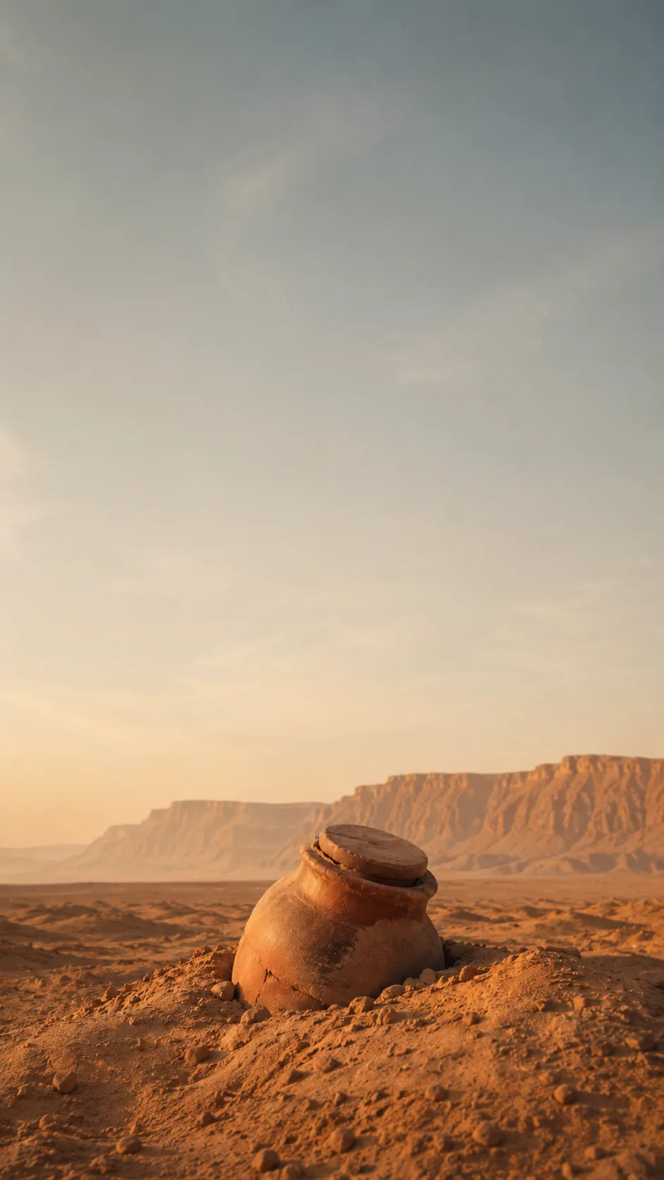 A sealed earthenware jar half-buried in the desert of Upper Egypt at dusk