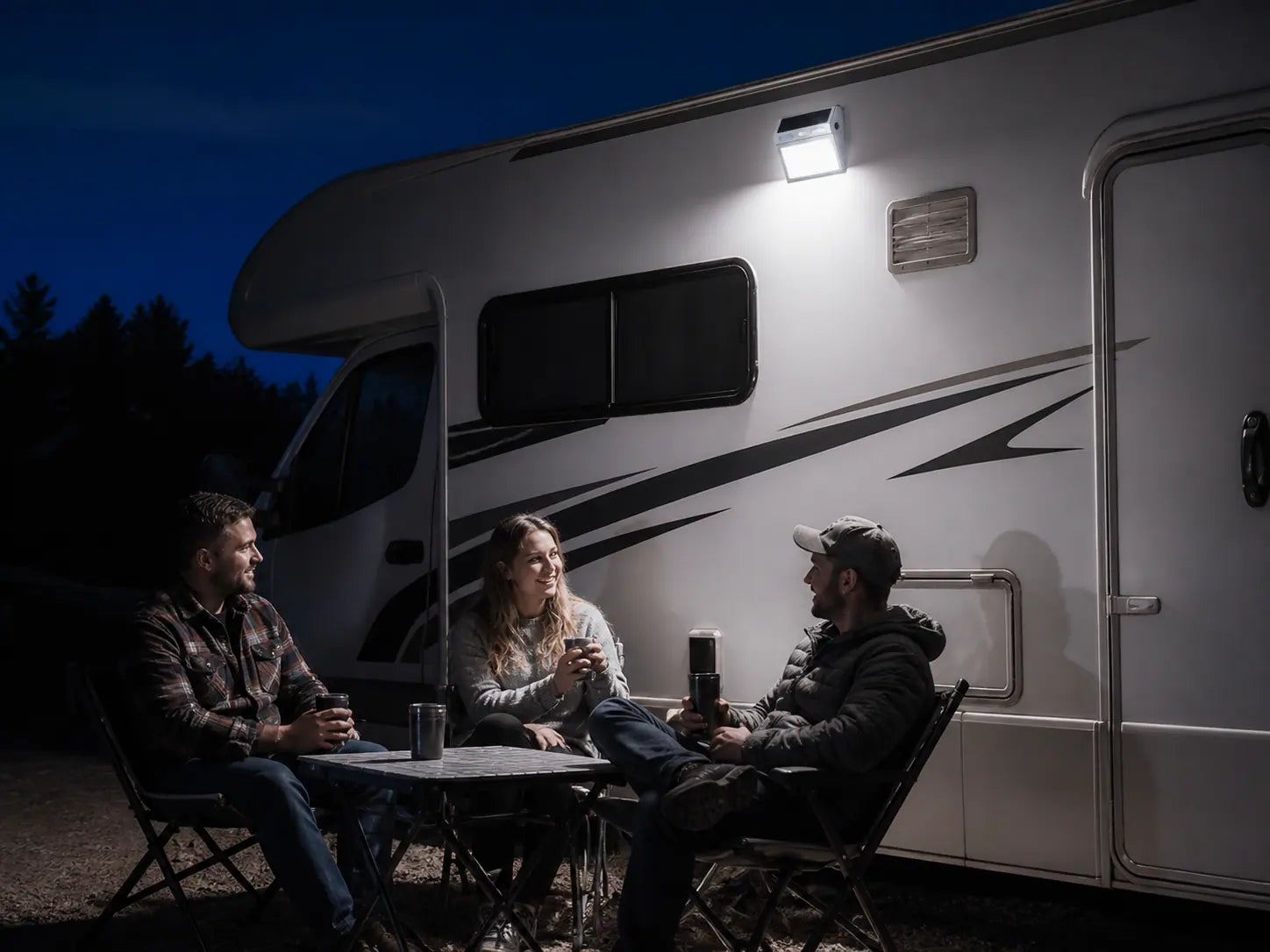 Three people sitting outside an RV under the light after dark