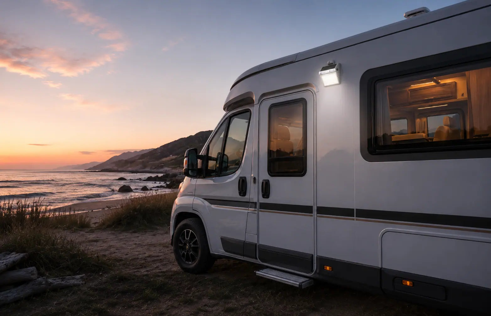 CampVale light mounted on an RV at sunset