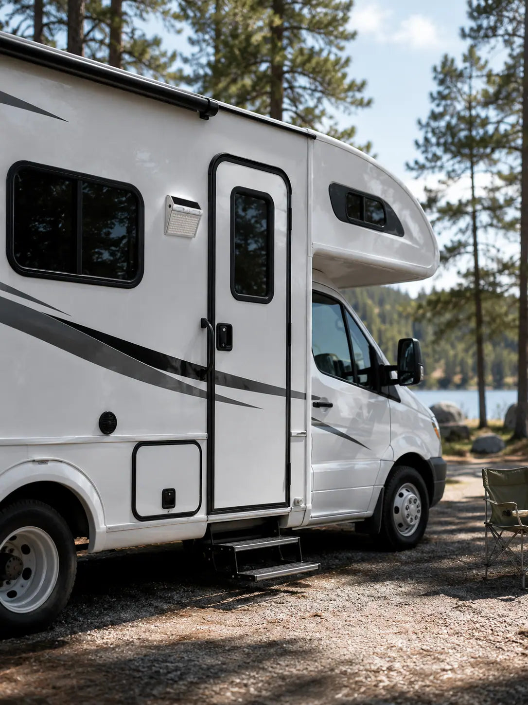 CampVale light mounted beside the door of a camper parked among pine trees
