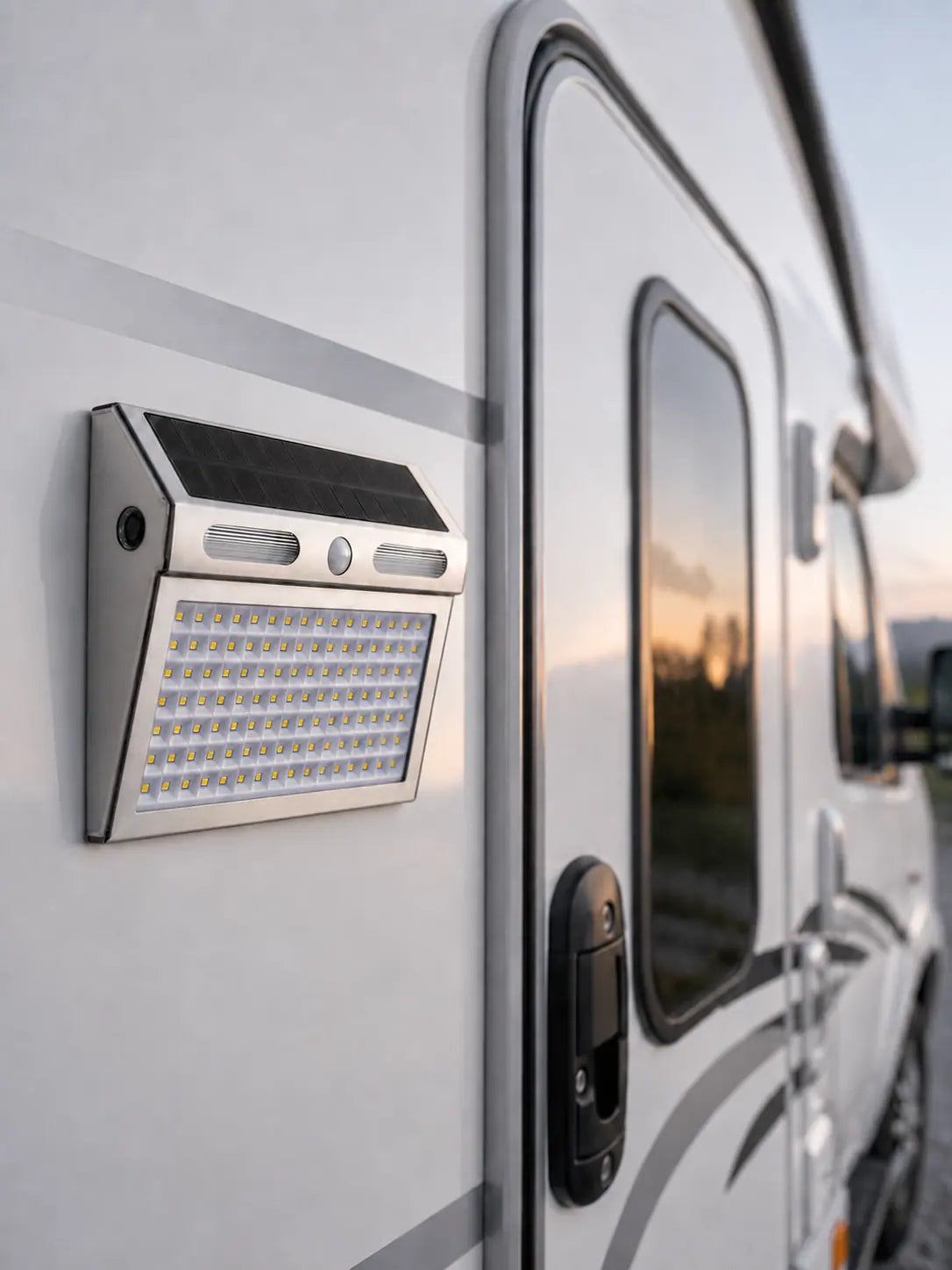 Close view of the low-profile light sitting flush against the RV body at dusk