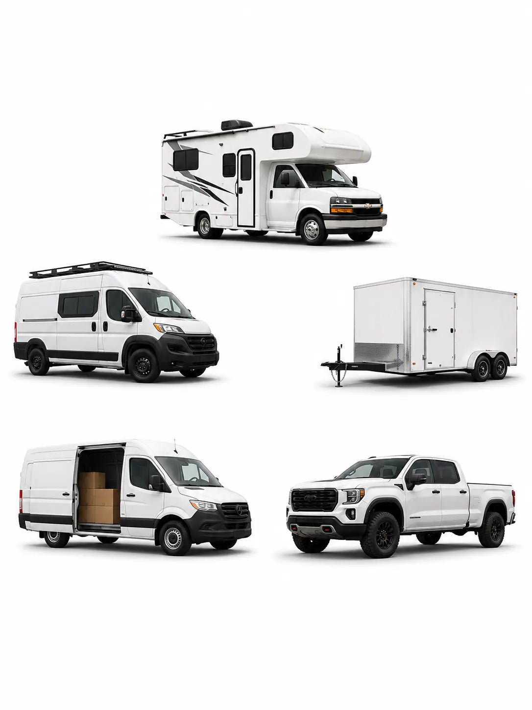 Lineup of vehicles the light fits: RV, camper van, trailer, work van, and pickup