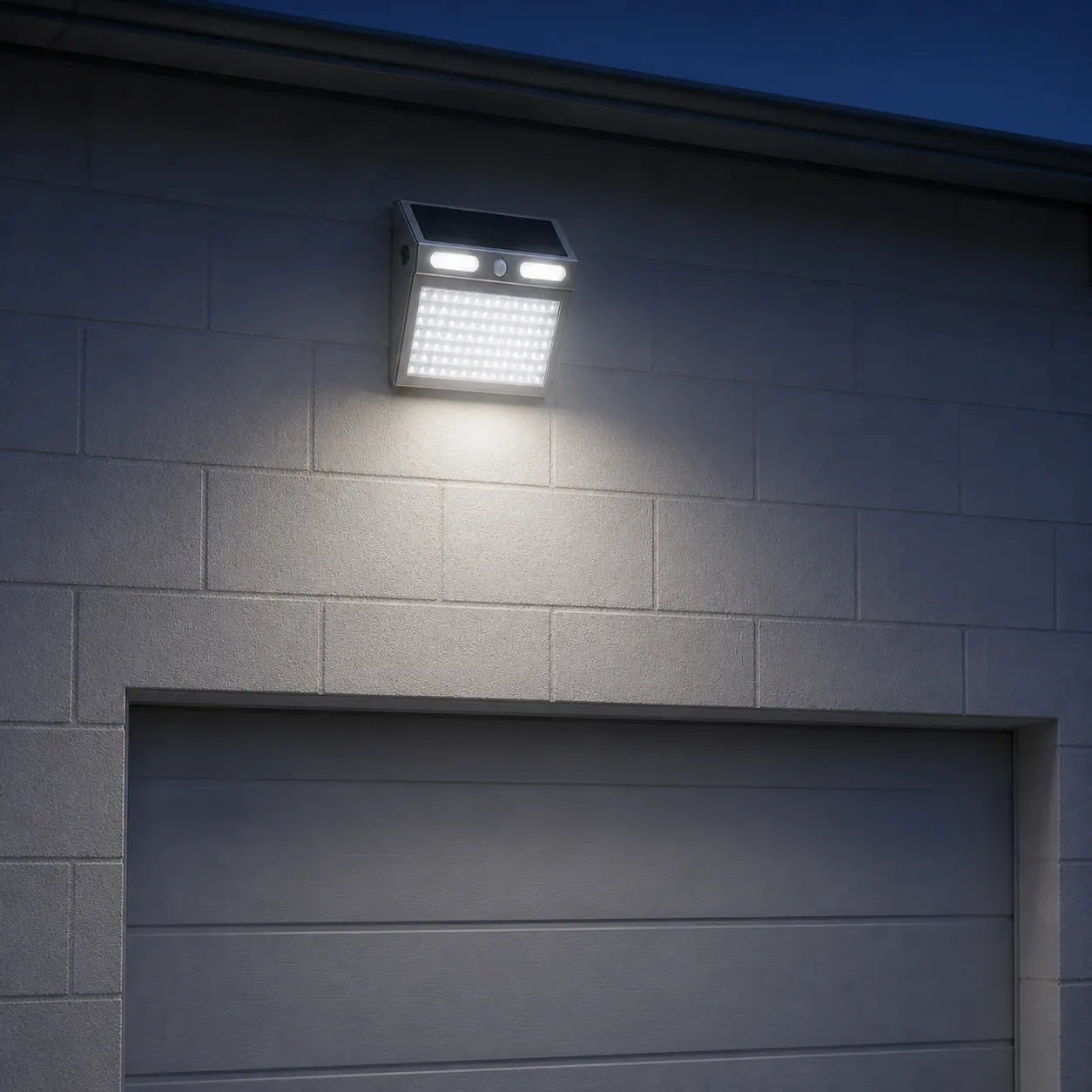 The installed light shining above a garage door at night