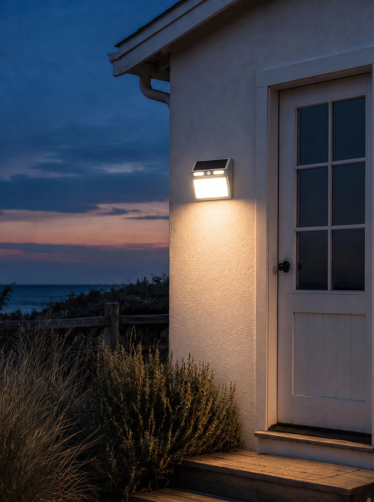 CampVale light mounted beside a door among pine trees