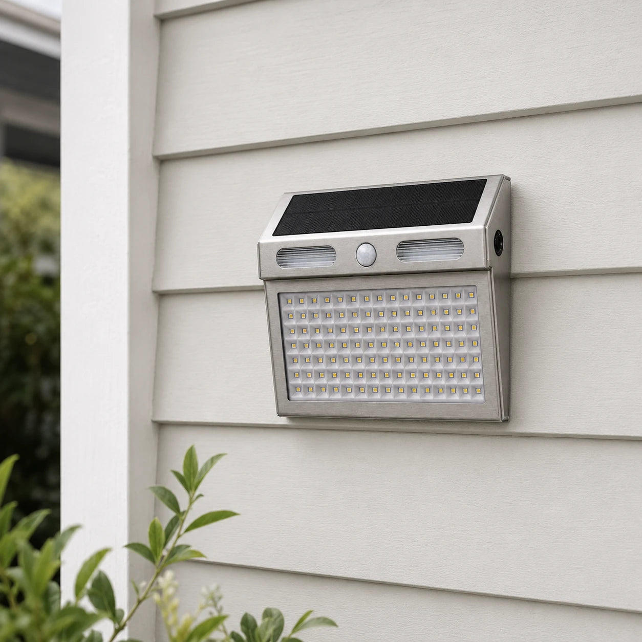 Close view of the low-profile light sitting flush against the wall at dusk
